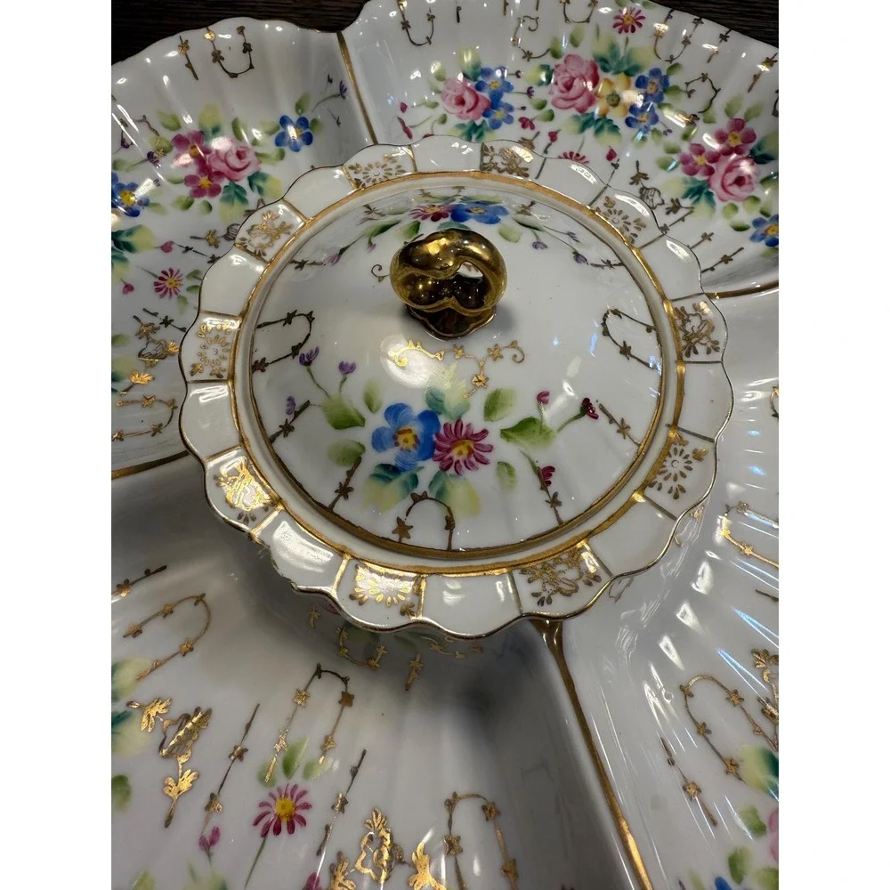 Antique Dresden Porcelain Relish Dish: Hand-Painted‎ Roses, Gilded Handles